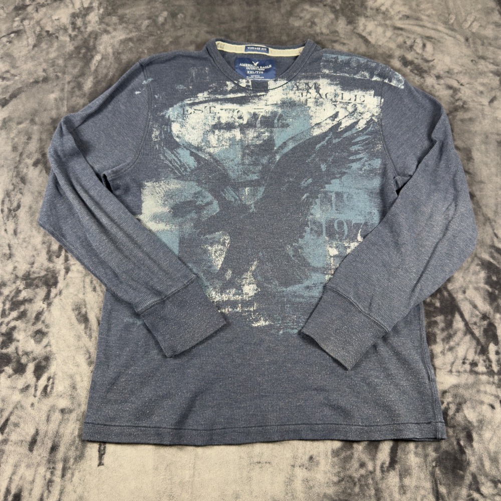 American Eagle Thermal Shirt Mens XXL Blue Graphic Long Sleeve Vintage Fit 4328